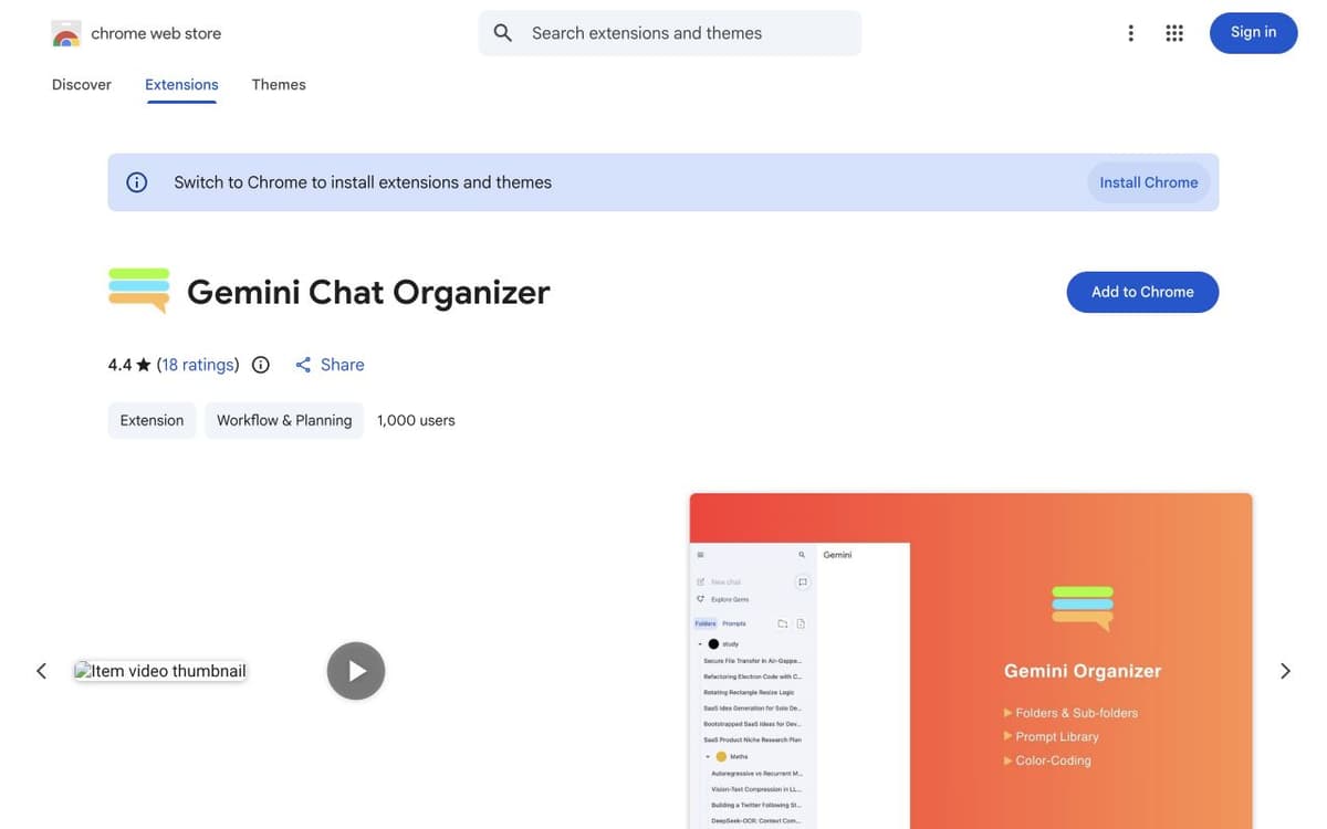 Gemini Chat Organizer Chrome Web Store listing with rating, user count, and extension screenshots