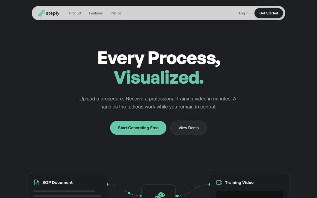 Steply public demo website introducing its procedure-document to training-video workflow